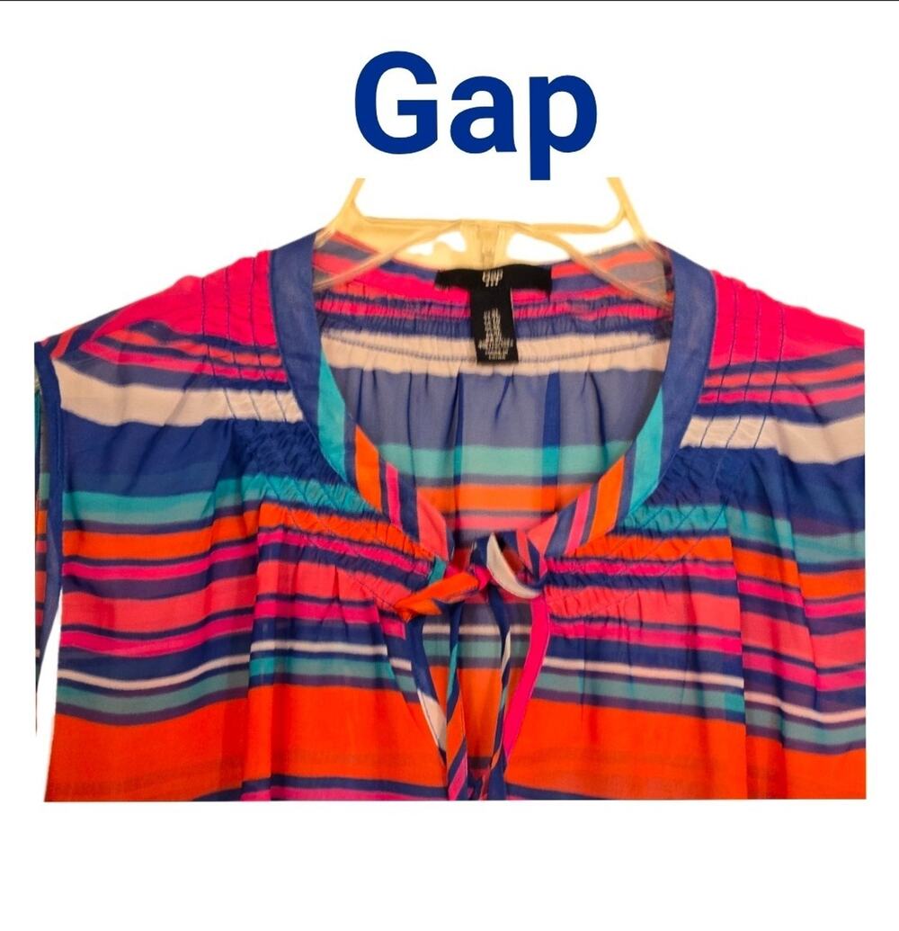 GAP Brand Sheer Sleeveless Blouse Multi Color Stripe w/ Necktie - Women's Size L
